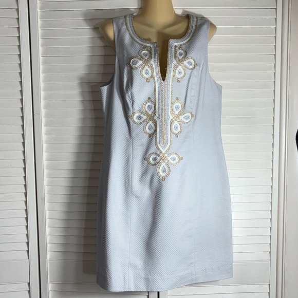 Lilly Pulitzer Mila Shift Dress 12 Seaside Grey Embroidered Cotton Resort - Picture 2 of 9